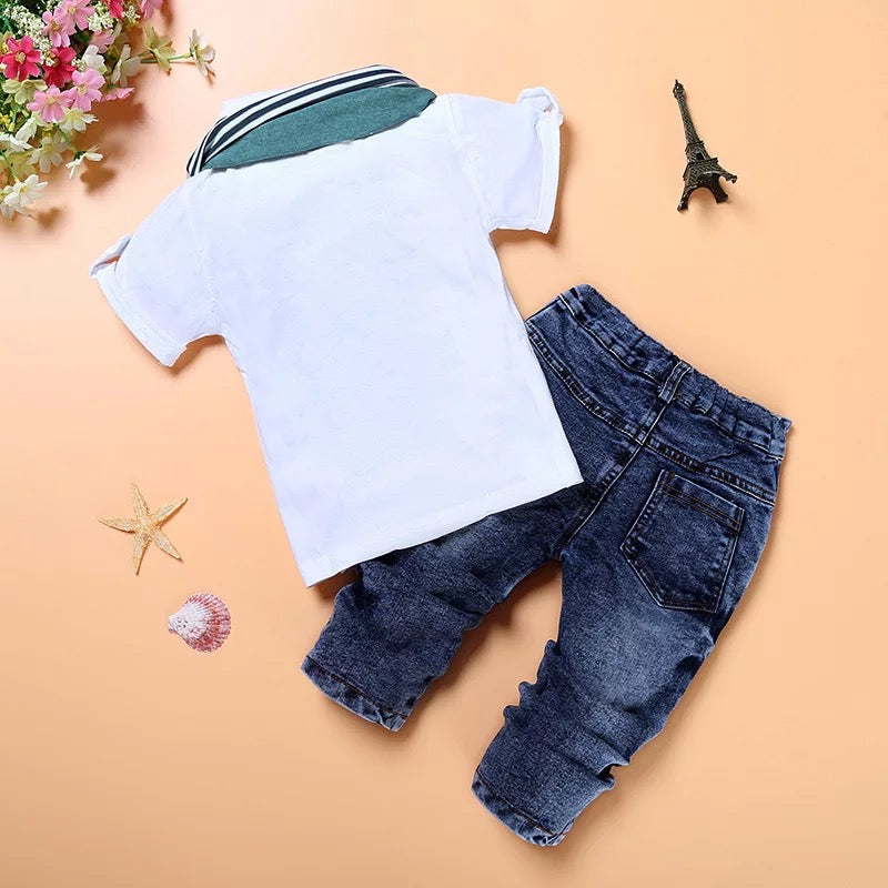 GV Boy’s Prince of Paris 3-piece button down shirt, scarf, and jeans set  GVCouture   