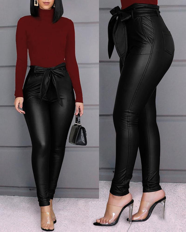 GV Faux Leather high waist belted fashion pants