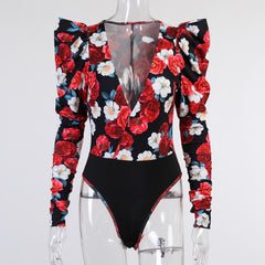 GV plunging v-neck floral print bodysuit bodysuit GVCouture   