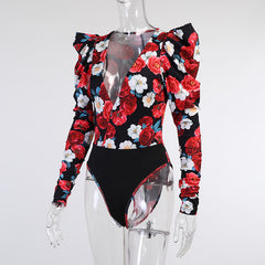 GV plunging v-neck floral print bodysuit bodysuit GVCouture   