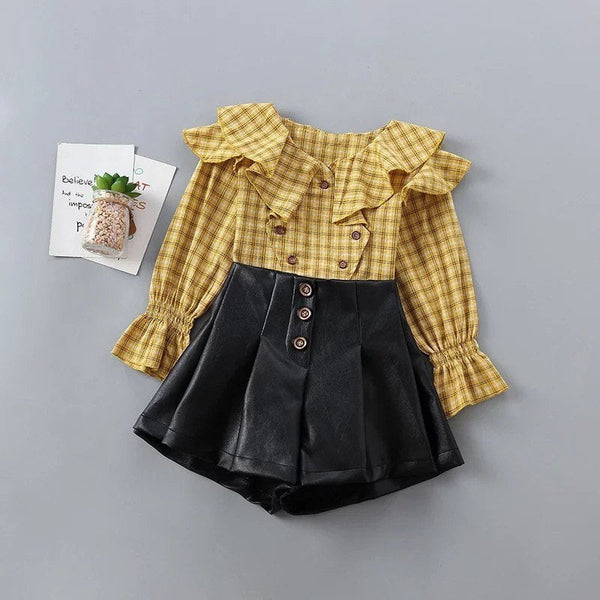 GV Clarissa Toddler/Girls’ yellow plaid shirt and faux leather skirt set