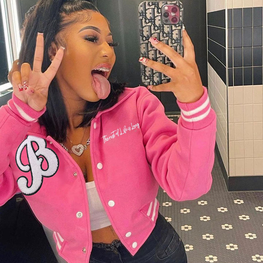K22C18870 Spring Fall Clothing Letter embroidery Baseball Uniform Coat Pocket Women Varsity Jacket  GVCouture   