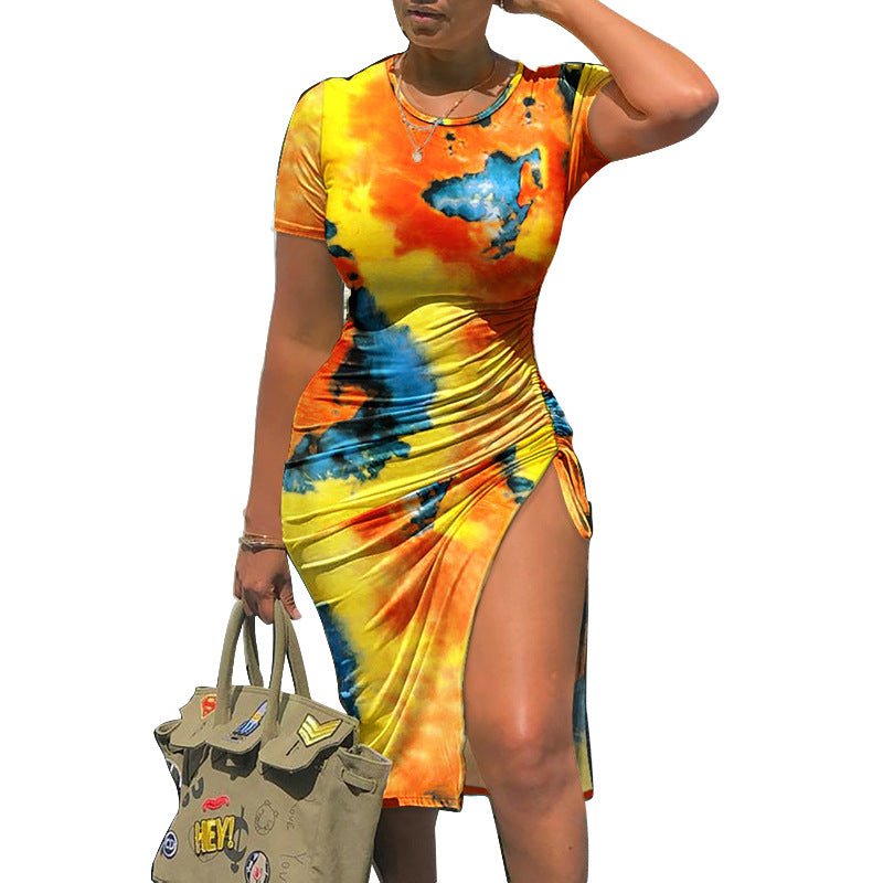 Super Soft Stretch Clothing High Quality Big Size Women Garments Tie Dye Print Wrap Hip Slit Slim O-neck Dresses Wholesale  GVCouture   
