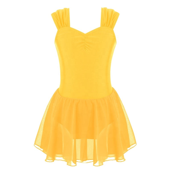 Kids Girls Spandex Chiffon Dance Clothing Sleeveless Ruched V Neckline Performance Dance Leotards Dress