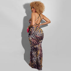 GV Women's boutique clothing halter sleeveless maxi dress lady wears sexy backless feather leopard print dress elegant  GVCouture   
