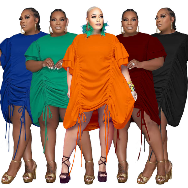 GV Women's round neck women's dress 5XL plus size Double drawstring women's dress