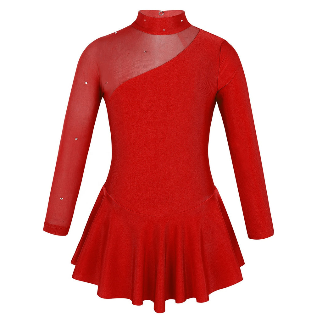 Kids Girls Long Sleeves Mock Neck Tulle Splice Ballet Dance Skating Gymnastics Leotard Dress  GVCouture   
