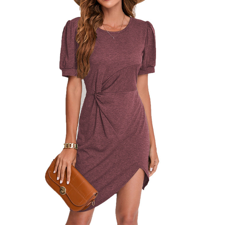 Womens Clothing Summer Fashion Solid Color Short Sleeve Slim Dress Casual O Neck Knot Irregular Short Dresses  GVCouture   