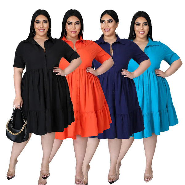 Fashion Women Plus Size short Sleeves Dress Ladies V-Neck Casual Dress Layered Clothing Women Shirt skirt