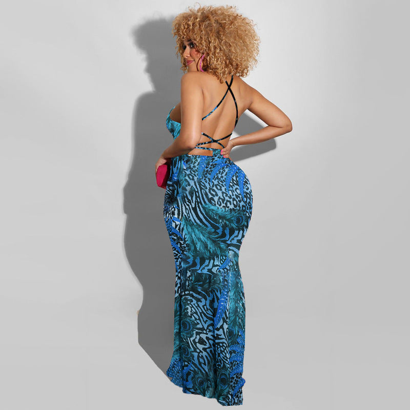 GV Women's boutique clothing halter sleeveless maxi dress lady wears sexy backless feather leopard print dress elegant  GVCouture   