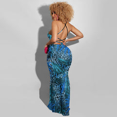 GV Women's boutique clothing halter sleeveless maxi dress lady wears sexy backless feather leopard print dress elegant  GVCouture   