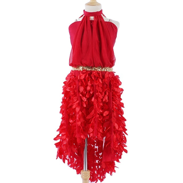 In Stock Red Sleeveless Girls' Dresses Kid Ballroom Latin Fring Solid Color Dancewear For Girls  GVCouture   