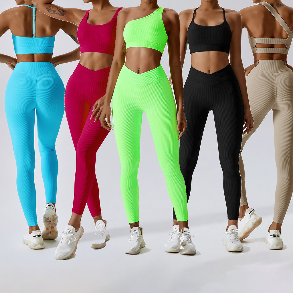 YIYI 2023 Ribbed Fabrics Cross Waist Leggings Sets For Women Multi-Design Tops Workout Suits Girls Quick Dry Women Fitness Sets  GVCouture   