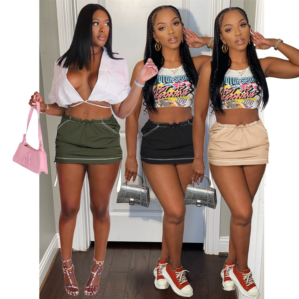 Fashion Pocket Mini Cargo Womens Skirts Casual Short Girls Drawstring Skirt Summer Lady Clothing Streetwear  GVCouture   