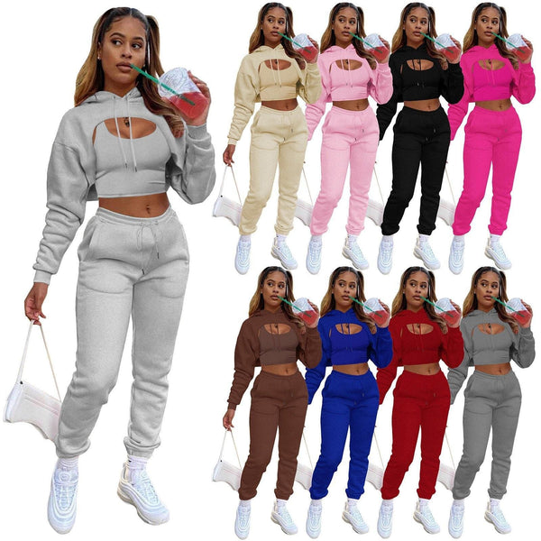 GV Women's  Sexy Girl Drawstring Teach Fleece Cut Out Hoodie Vest Set Tracksuit Sweatsuit