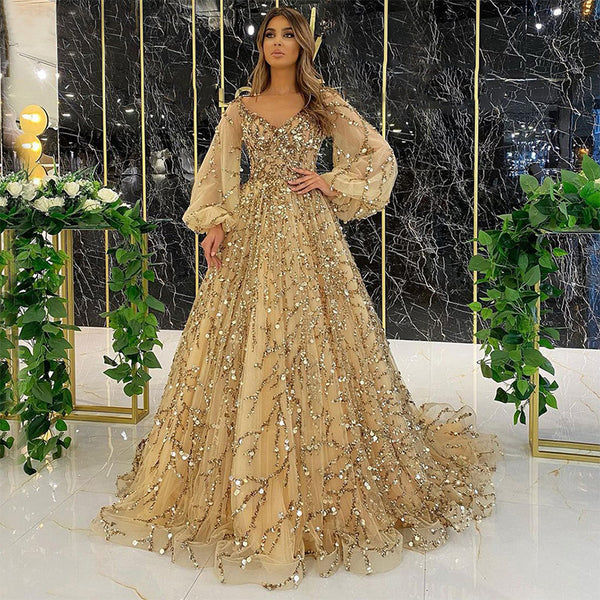 GV Women's golden heavy beaded luxury evening dress celebrity by high-end aura queen/bridal gown