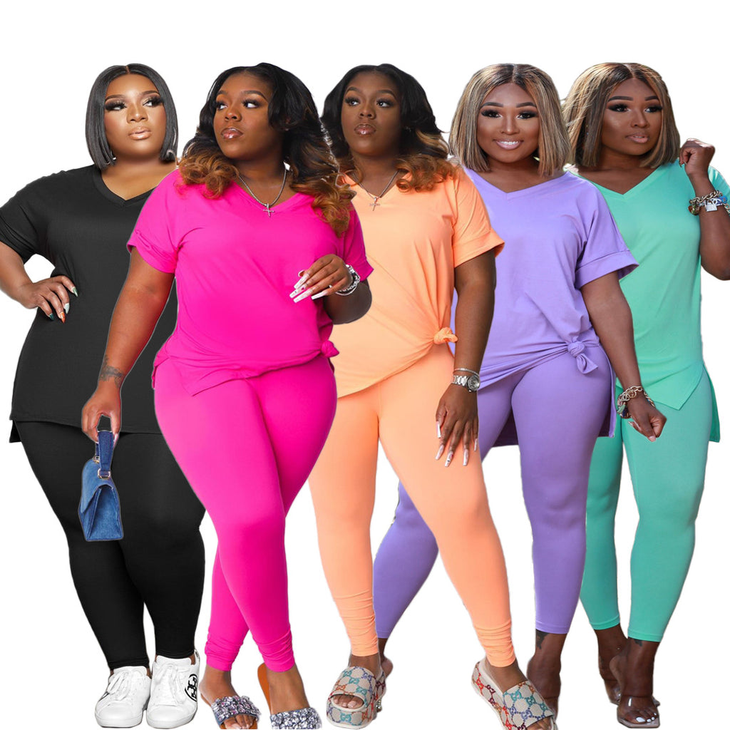 new candy plus size clothing summer pants V-neck t shirt solid color loose simple casual short sleeve two piece women's sets  GVCouture   