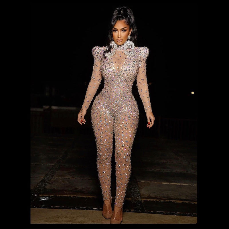 GV Womens' Diamond Bodysuit See Through Crystal Romper Dress Women Singer Blinged Dance wear  GVCouture   