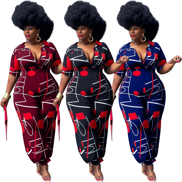 GV Women's European and American sexy women's clothing plus size fashion casual printing jumpsuit