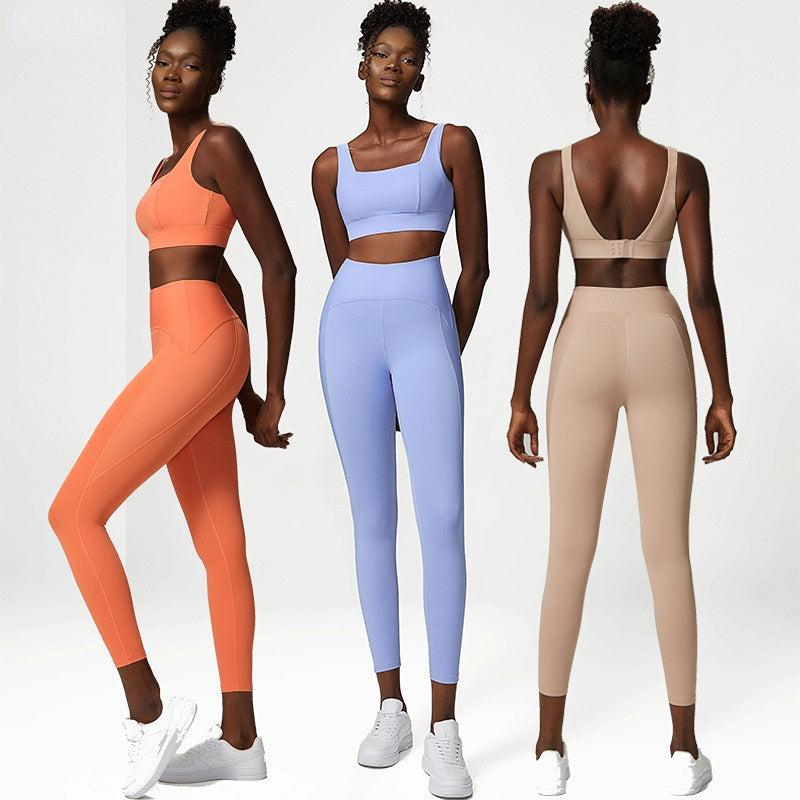 Plus Size Solid Color Sexy Square Neck Adjustable Hook Sports Bra High Waist Tummy Control Leggings Gym Fitness Wear for Women  GVCouture   