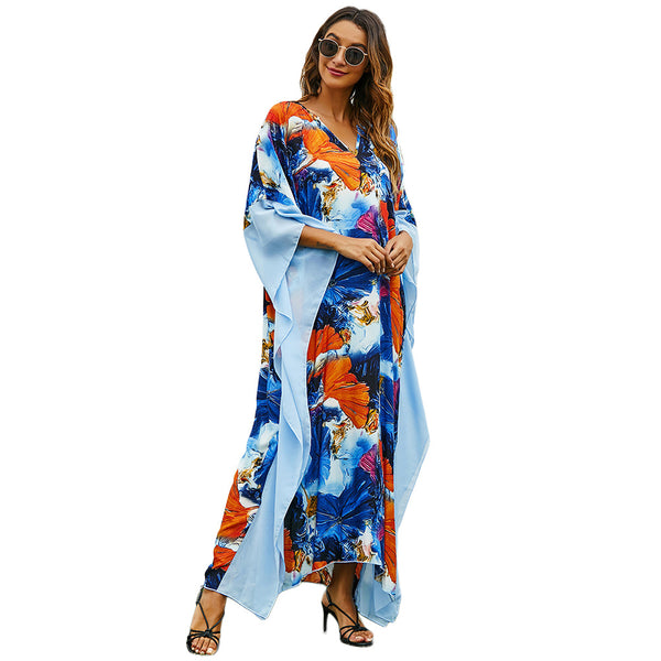 GV Women's Loose robes Oversized V neck bat wing sleeve beach casual clothes Summer Muslim Dress
