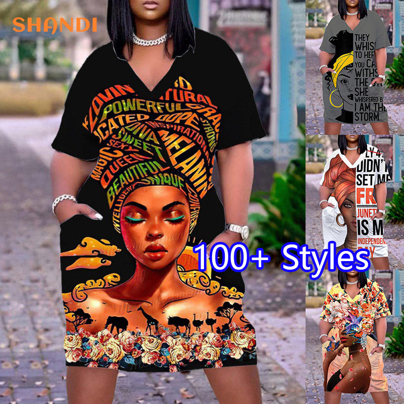 Summer Loose Dress For Women V Neck 3D Printing African Girl Bohemian Plus Size Gothic Printing Midi Casual Dress  GVCouture   