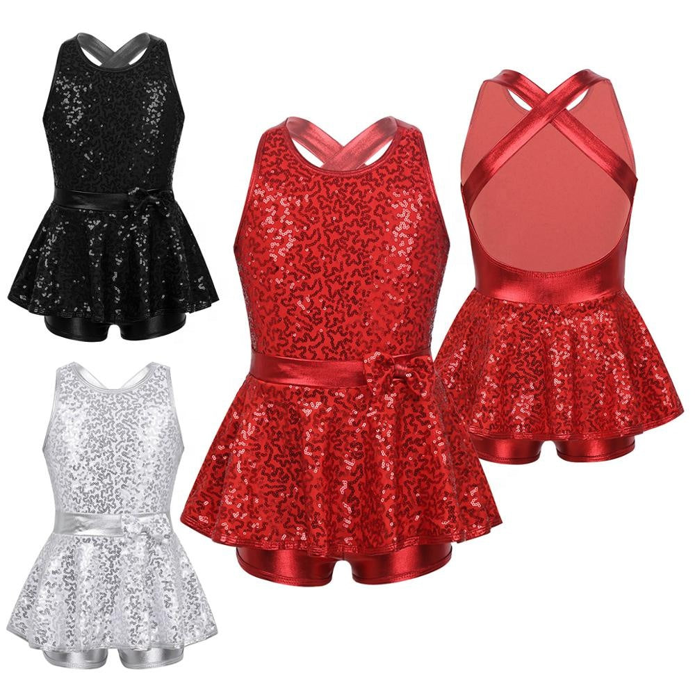 Kids Girls Jazz Tap Ballet Dancewear Sleeveless Sequined Cross Back Waist Bowknot Modern Dance Leotard Dress  GVCouture   