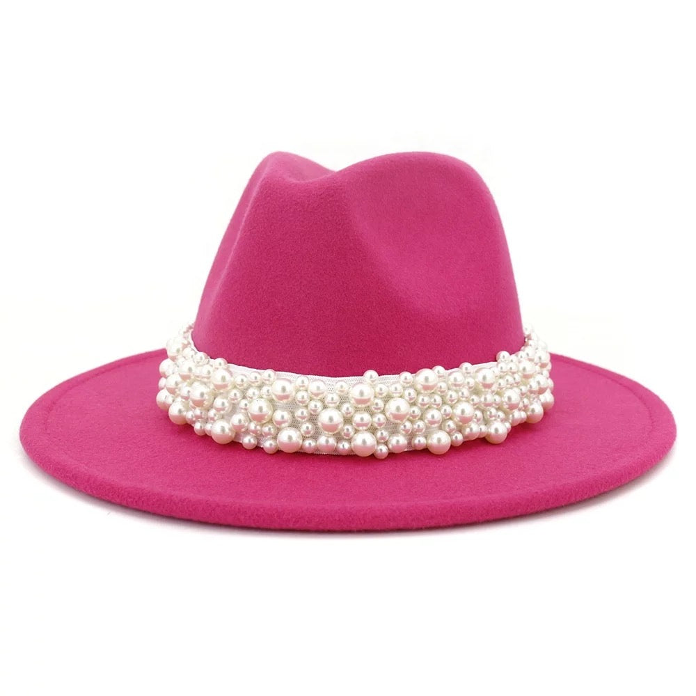 Adult All Season Fashion Fedora Hat with Pearl belt  GVCouture Rose Pink/ Hot Pink  